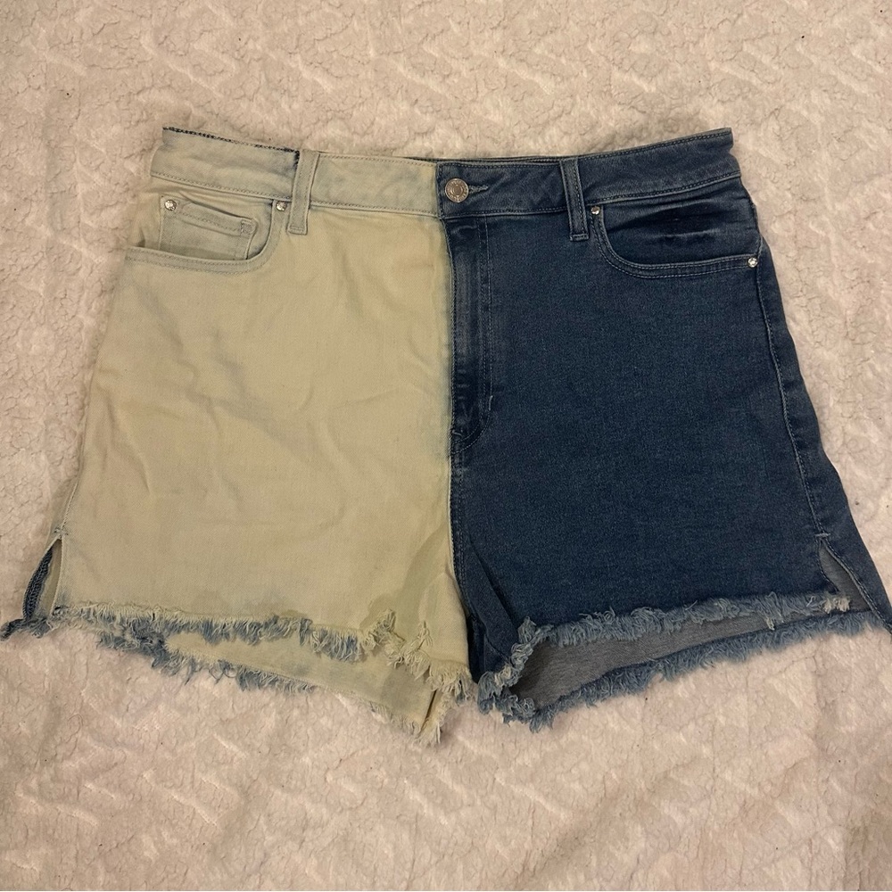 Guess Claudia High Rise Two Toned Color-Block Denim Blue and White Slit Shorts